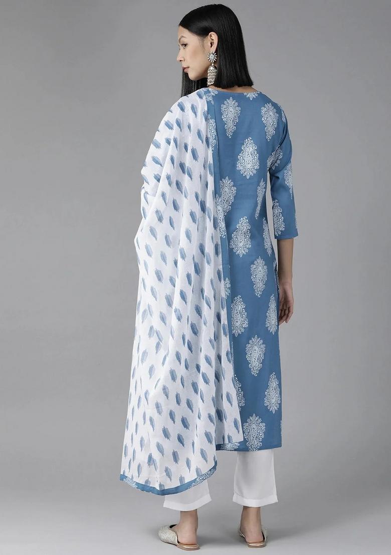 Blue Printed Viscose Rayon Kurta Dupatta Set - Indya