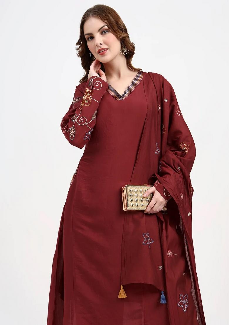 Maroon Motif Chanderi Silk Kurta Dupatta Set - Indya