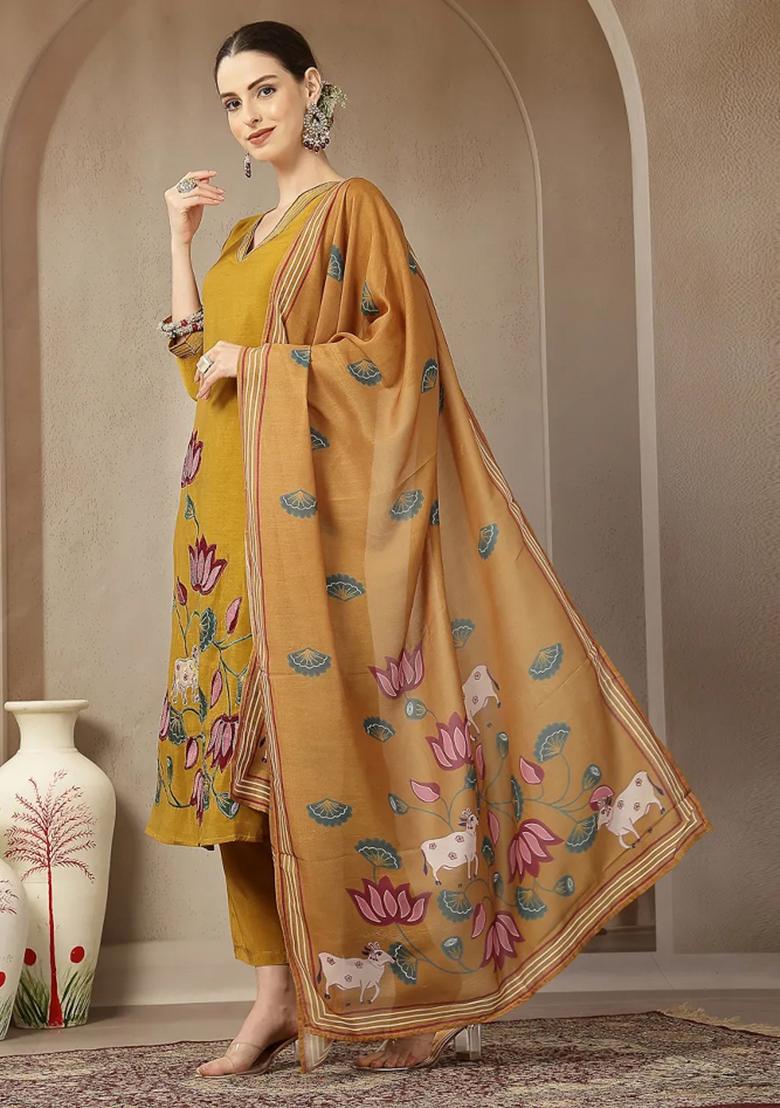 Mustard Floral Print Chanderi Silk Kurta Dupatta Set - Indya