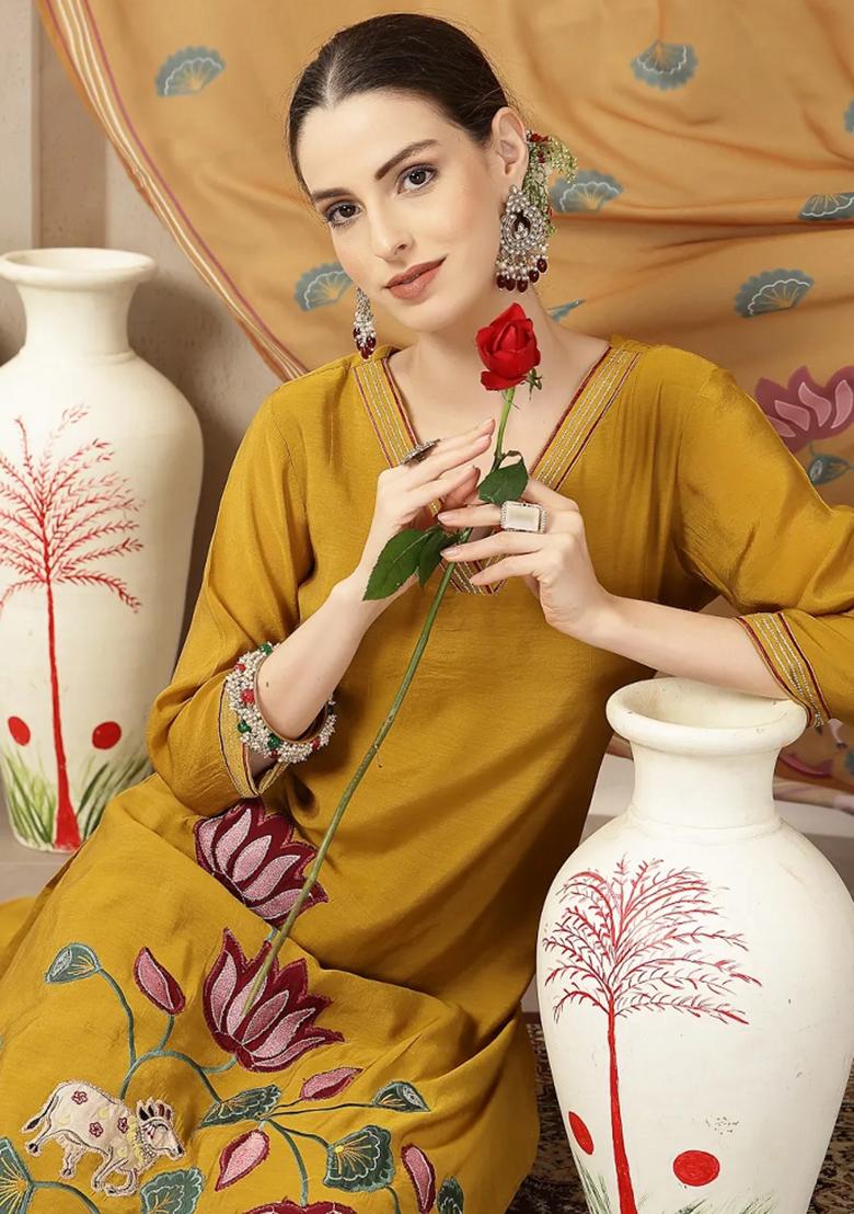 Mustard Floral Print Chanderi Silk Kurta Dupatta Set - Indya