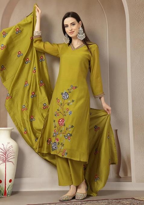 Lime Green Embroidered Chanderi Silk Kurta Dupatta Set