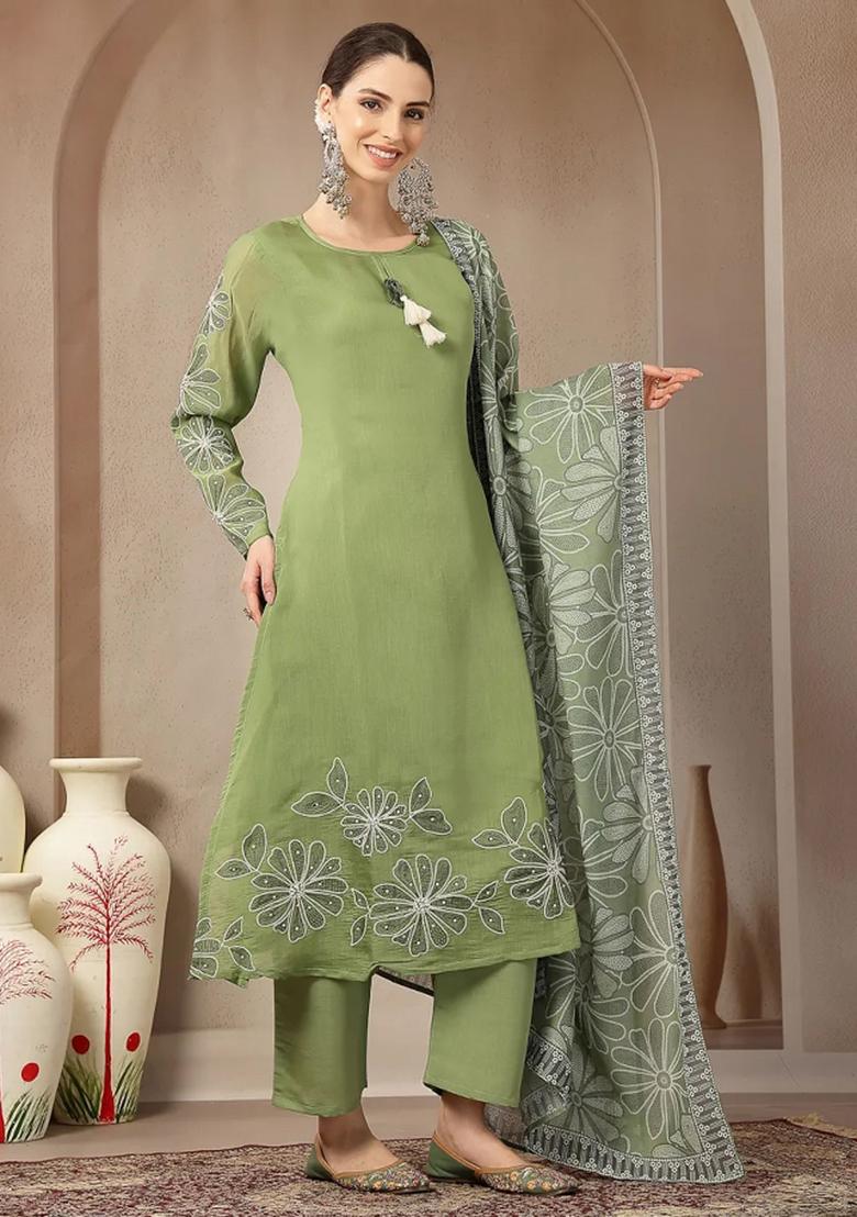 Green Motif Chanderi Silk Kurta Dupatta Set - Indya