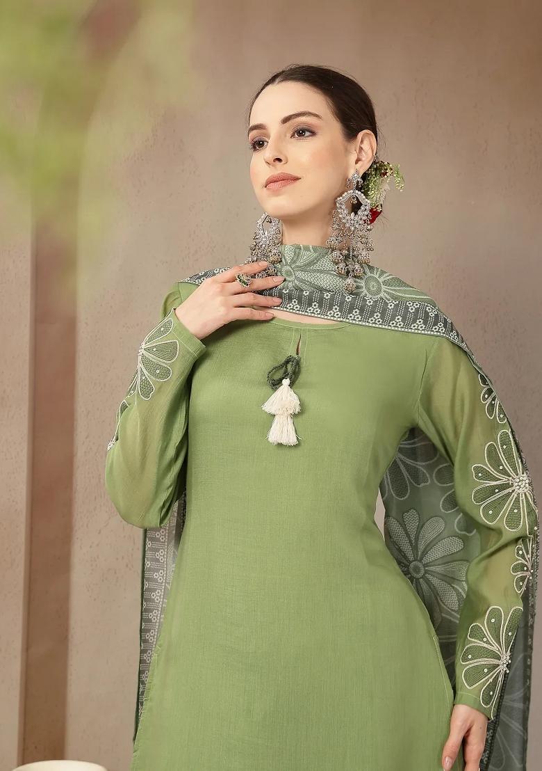 Green Motif Chanderi Silk Kurta Dupatta Set - Indya