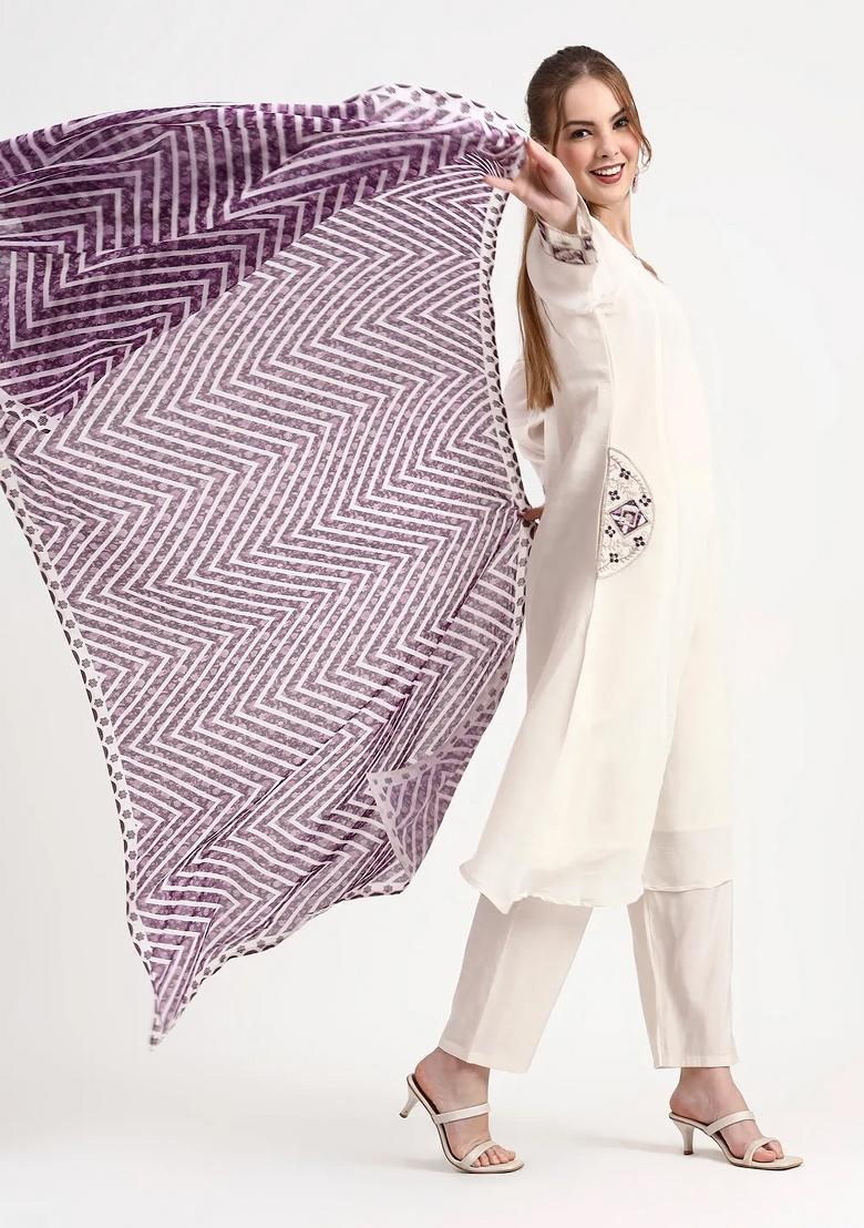 Purple Motif Chanderi Silk Kurta Dupatta Set - Indya