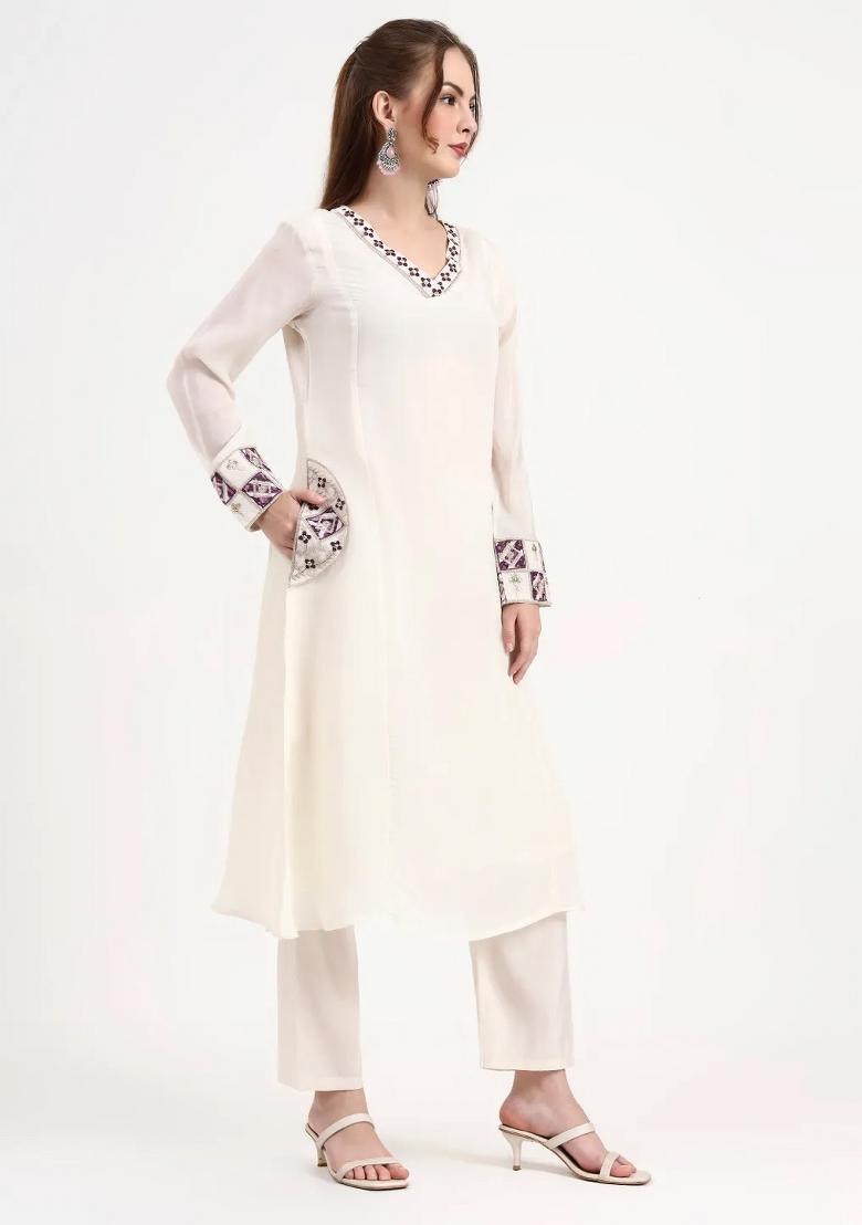 Purple Motif Chanderi Silk Kurta Dupatta Set - Indya