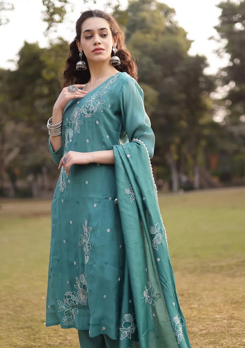 Turquoise Blue Motif Chanderi Silk Kurta Dupatta Set - Indya