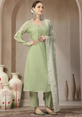 Green Embroidered Chanderi Silk Kurta Dupatta Set