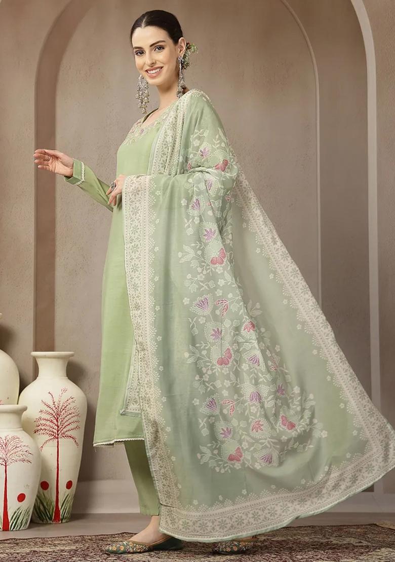 Green Embroidered Chanderi Silk Kurta Dupatta Set - Indya