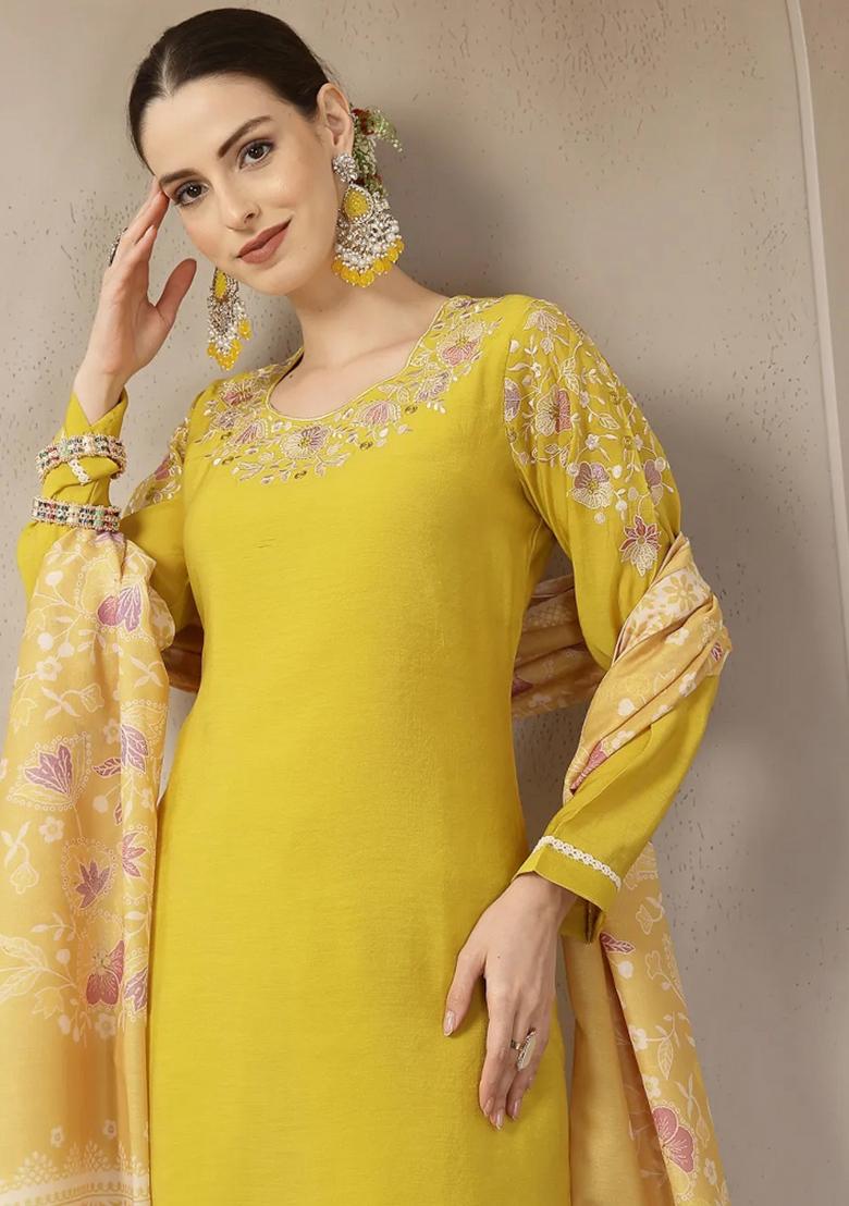 Yellow Embroidered Chanderi Silk Kurta Dupatta Set - Indya