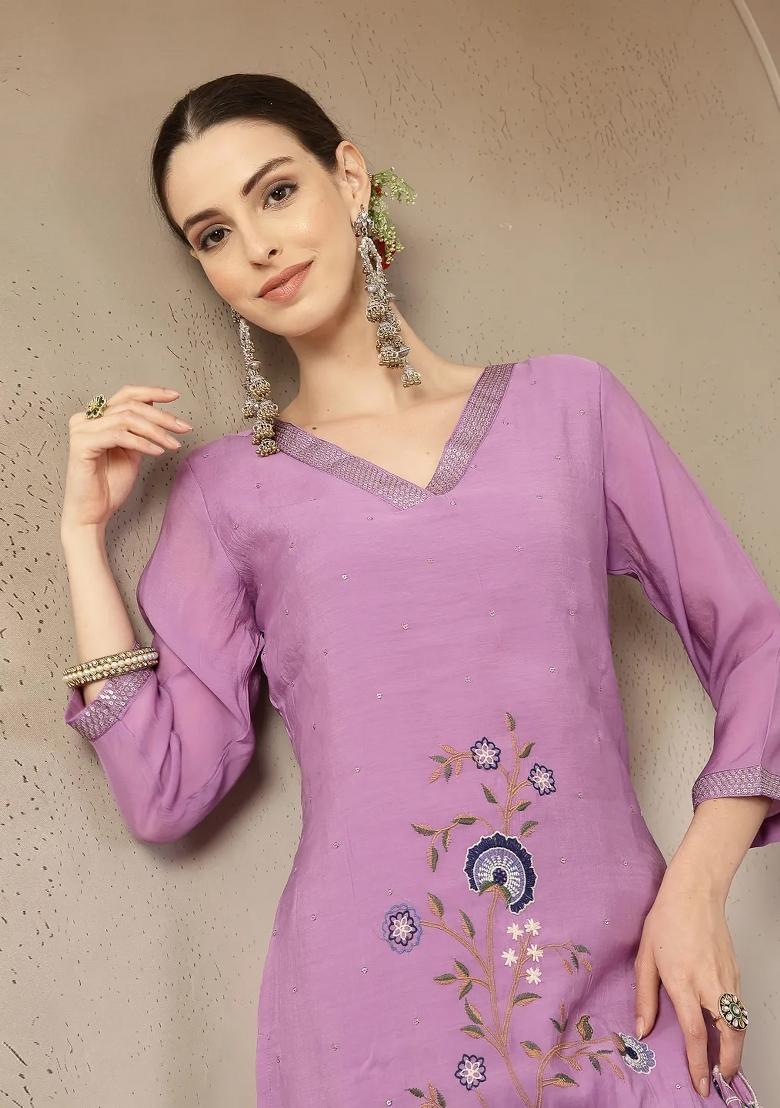 Lavender Embroidered Chanderi Silk Kurta Dupatta Set - Indya