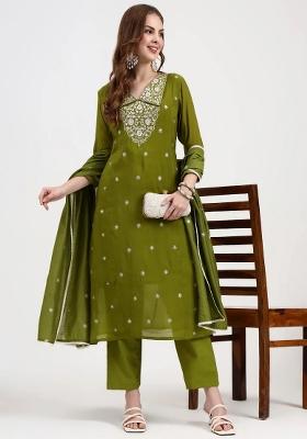 Green Sequins Work Chanderi Silk Kurta Dupatta Set