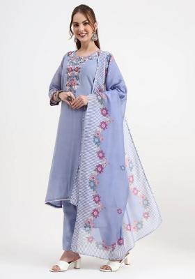 Blue Motif Chanderi Silk Kurta Dupatta Set