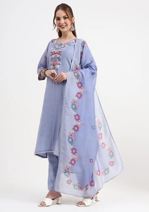 Blue Motif Chanderi Silk Kurta Dupatta Set