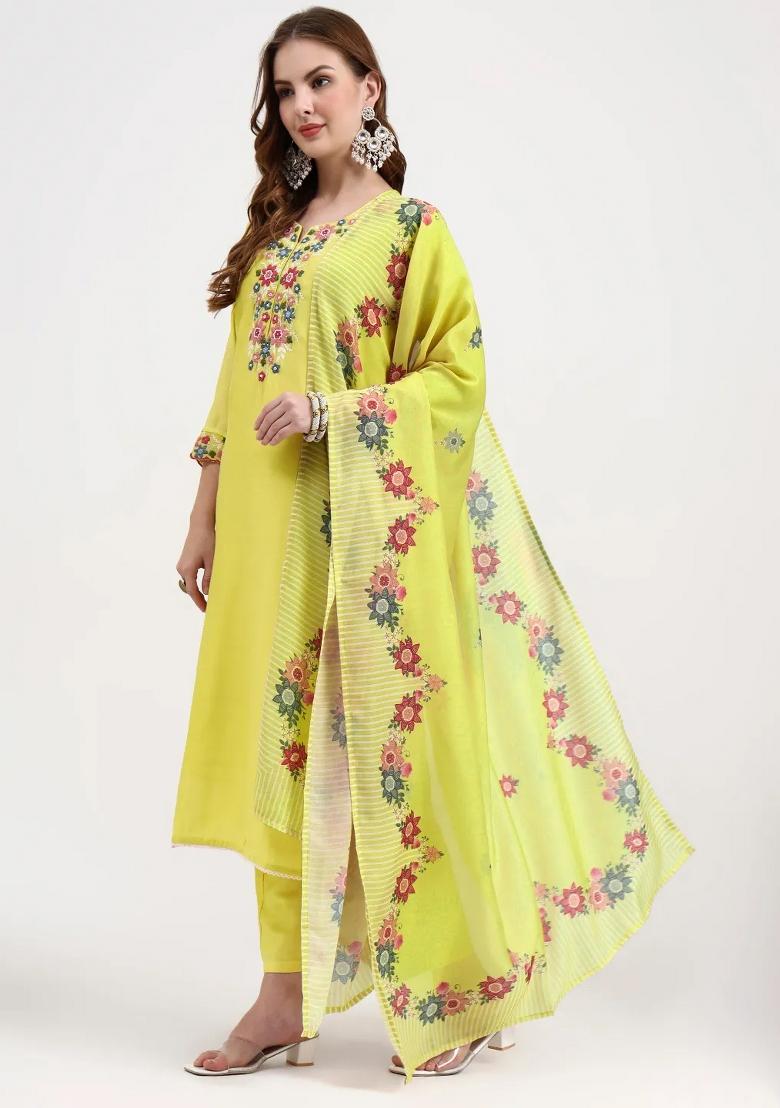 Yellow Motif Chanderi Silk Kurta Dupatta Set - Indya