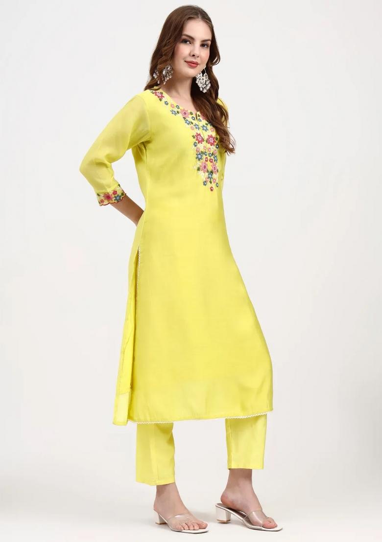 Yellow Motif Chanderi Silk Kurta Dupatta Set - Indya