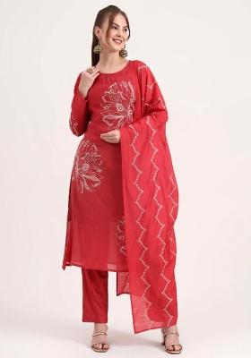 Red Motif Silk Blend Kurta Dupatta Set