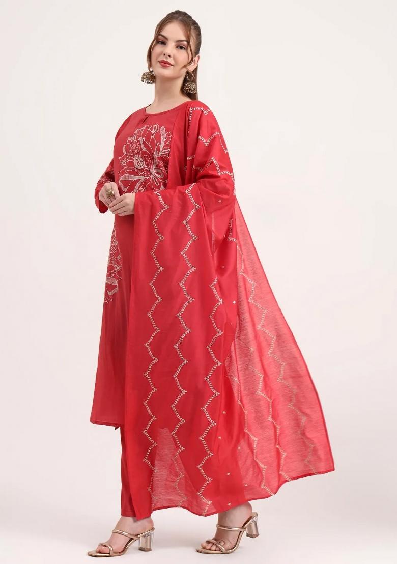 Red Motif Silk Blend Kurta Dupatta Set - Indya
