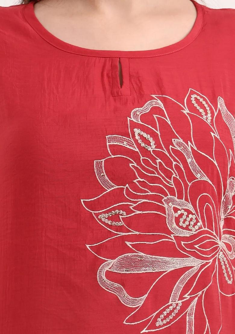 Red Motif Silk Blend Kurta Dupatta Set - Indya