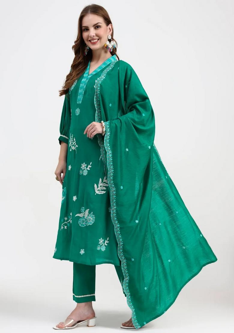 Green Sequins Work Silk Blend Kurta Dupatta Set - Indya