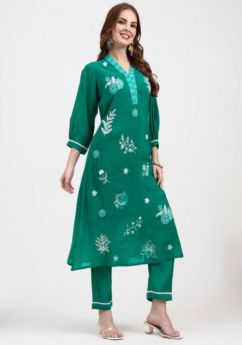 Green Sequins Work Silk Blend Kurta Dupatta Set - Indya