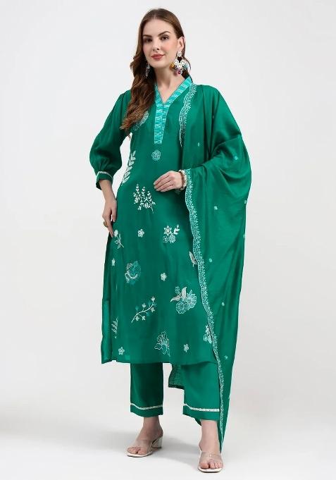 Green Sequins Work Silk Blend Kurta Dupatta Set