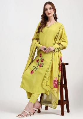 Yellow Motif Silk Blend Kurta Dupatta Set