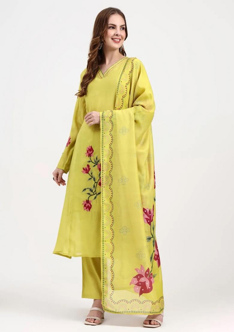 Yellow Motif Silk Blend Kurta Dupatta Set - Indya