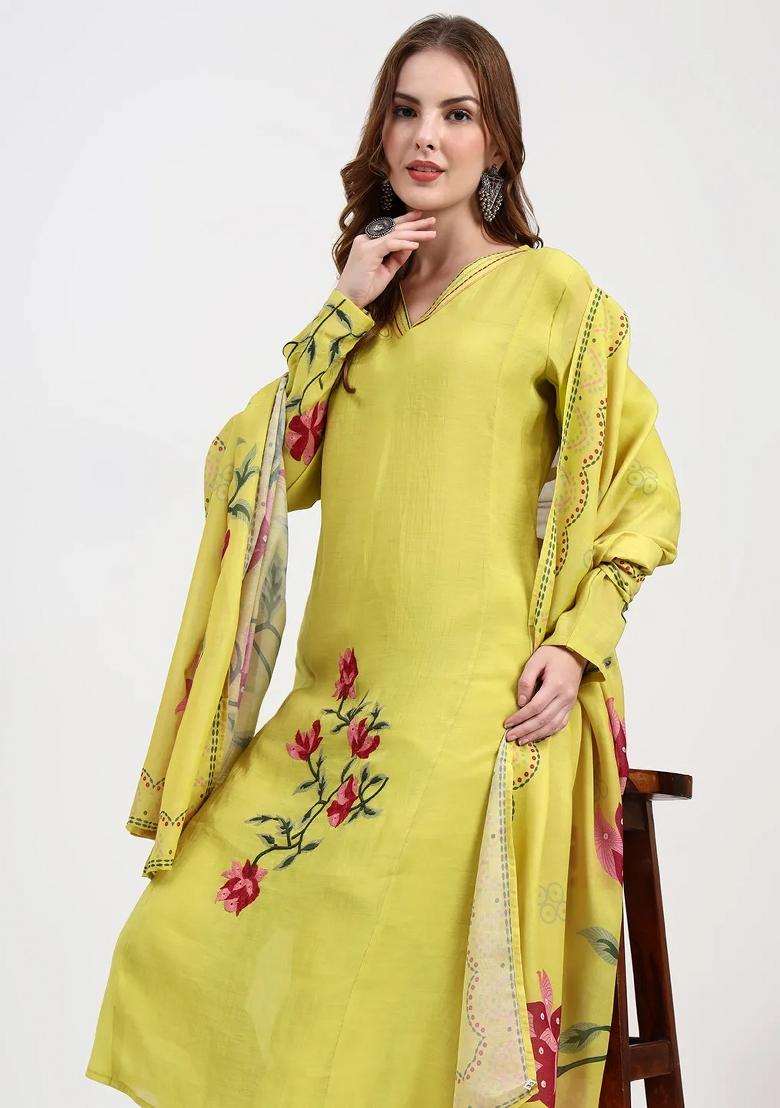 Yellow Motif Silk Blend Kurta Dupatta Set - Indya