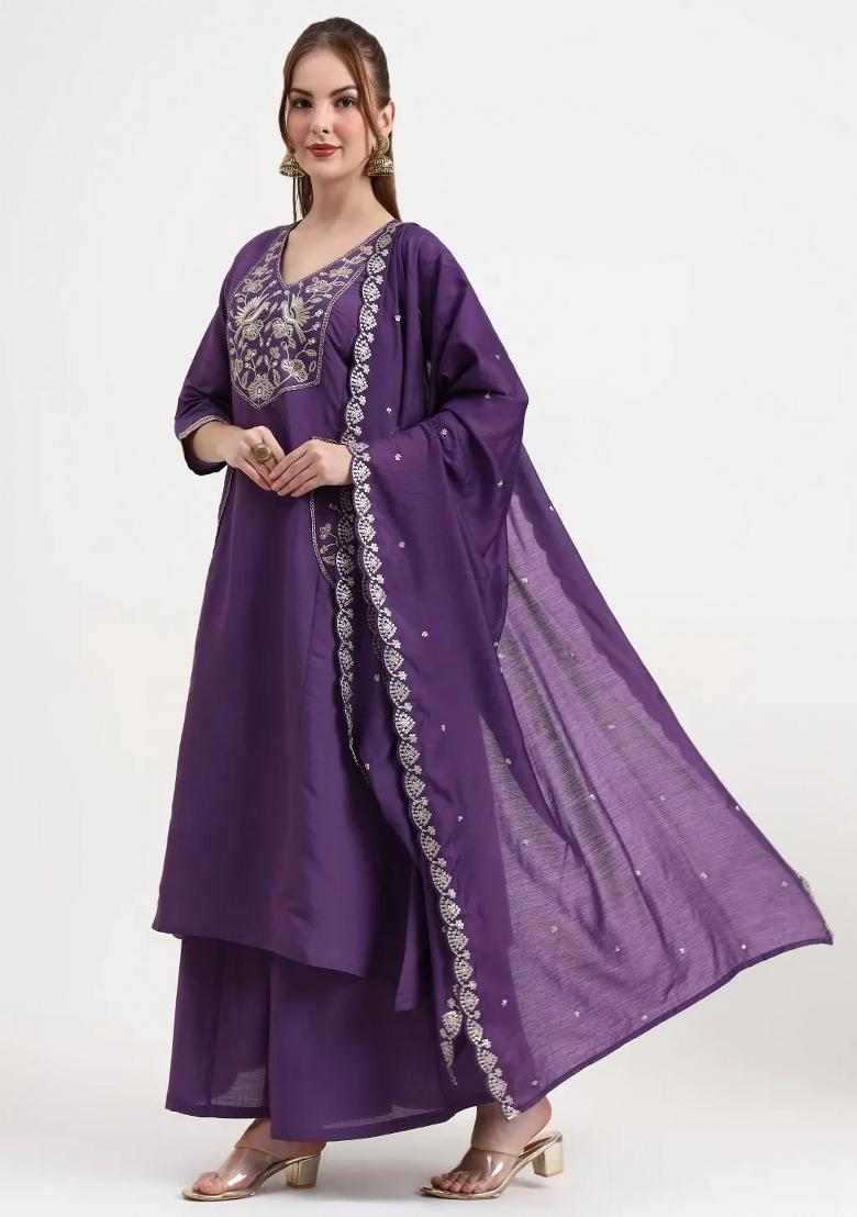 Purple Motif Silk Blend Kurta Dupatta Set - Indya
