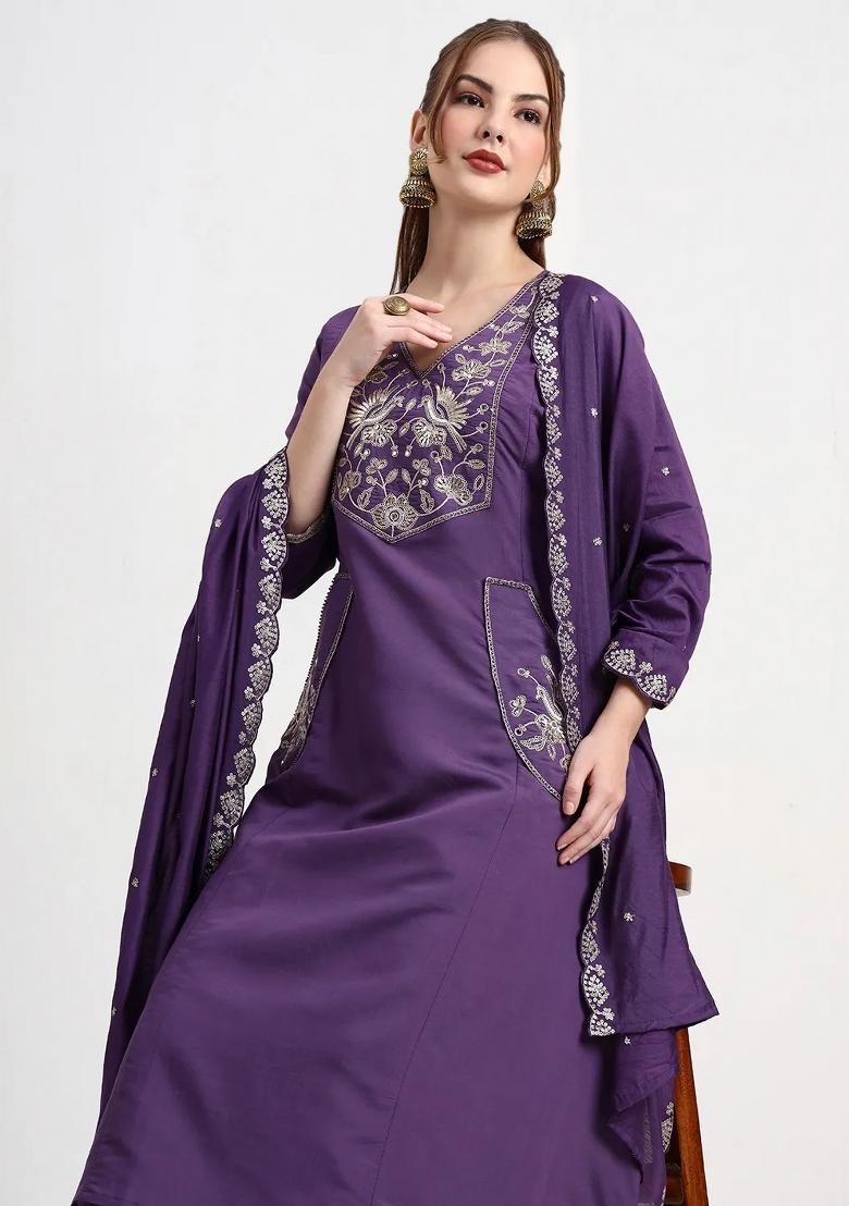 Purple Motif Silk Blend Kurta Dupatta Set - Indya