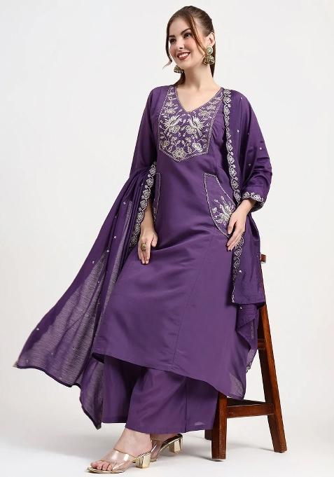 Purple Motif Silk Blend Kurta Dupatta Set