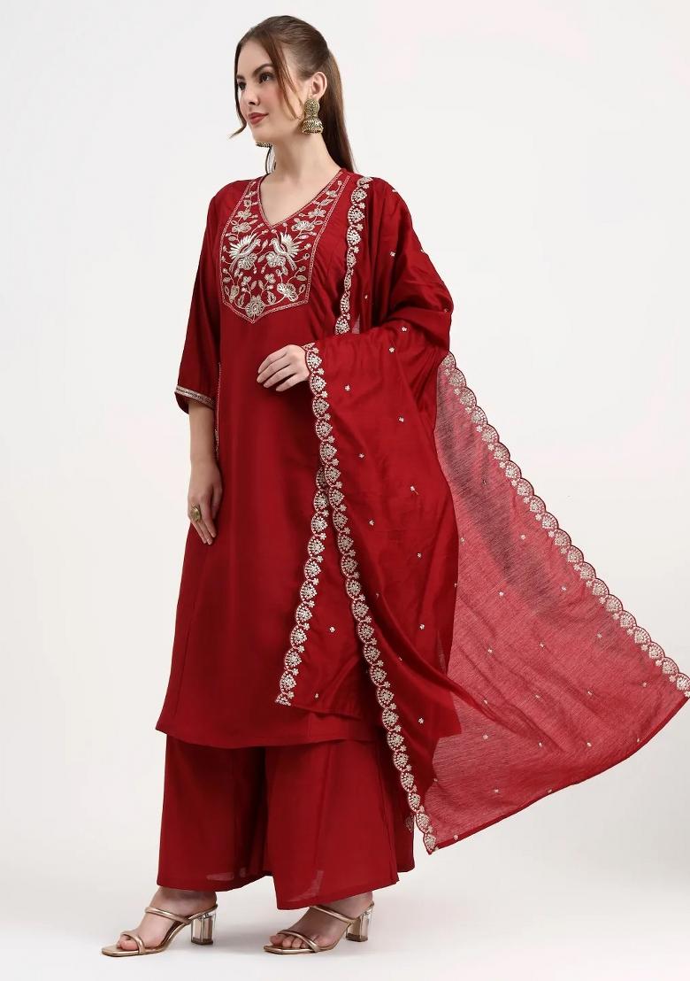 Red Motif Silk Blend Kurta Dupatta Set - Indya