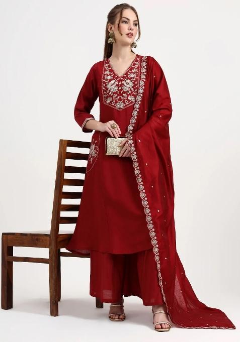 Red Motif Silk Blend Kurta Dupatta Set