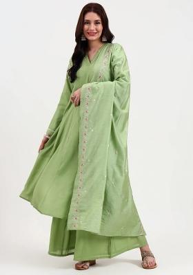Green Motif Silk Blend Kurta Dupatta Set