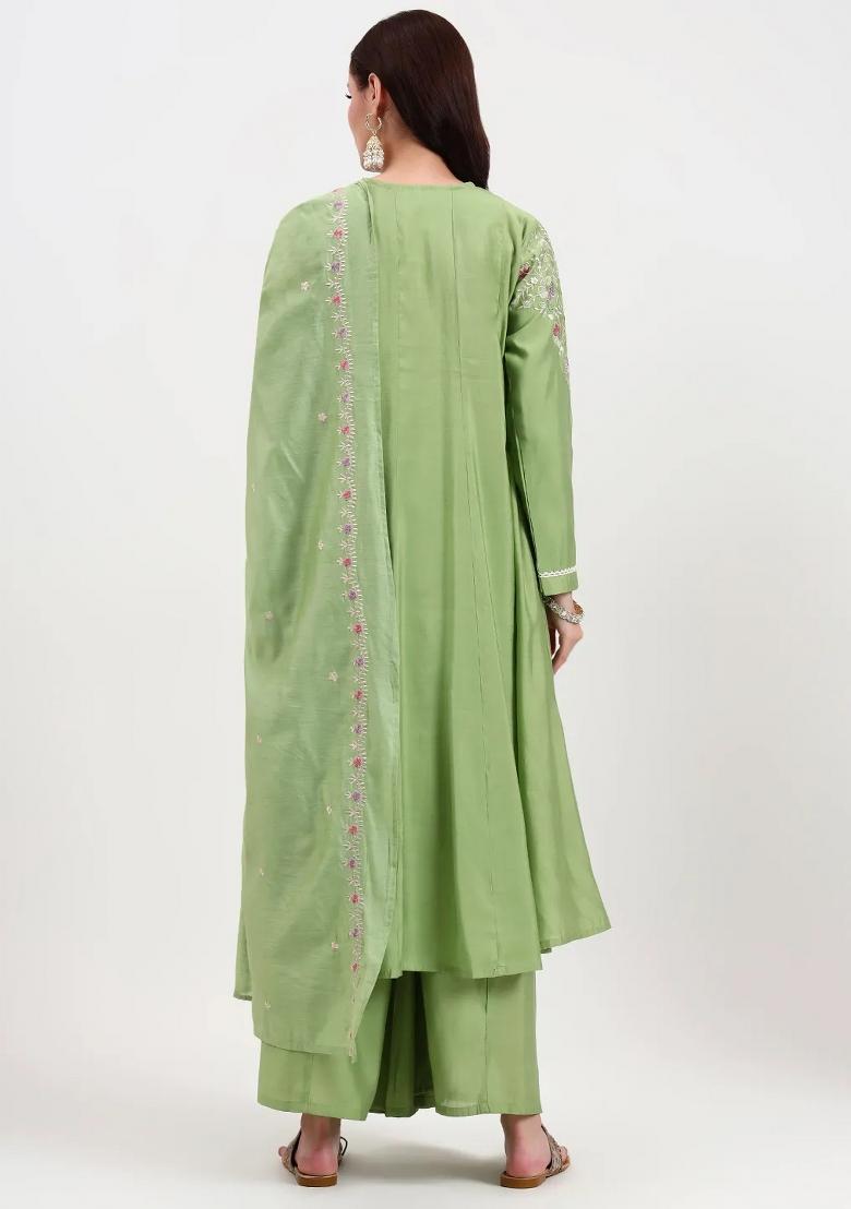 Green Motif Silk Blend Kurta Dupatta Set - Indya