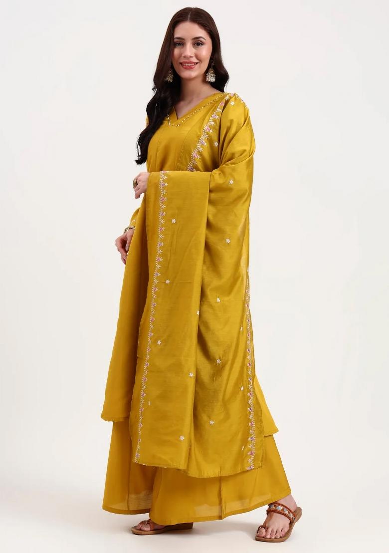 Mustard Motif Silk Blend Kurta Dupatta Set - Indya