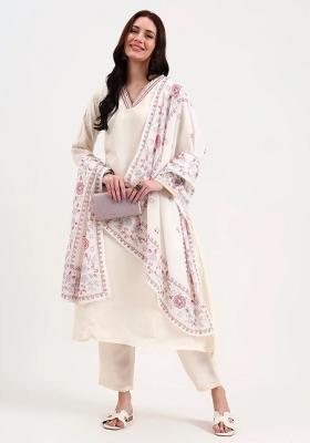 Cream Motif Silk Blend Kurta Dupatta Set