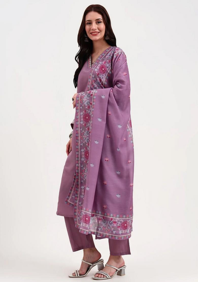 Lavender Motif Silk Blend Kurta Dupatta Set - Indya
