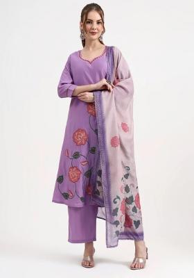 Lavender Motif Silk Blend Kurta Dupatta Set