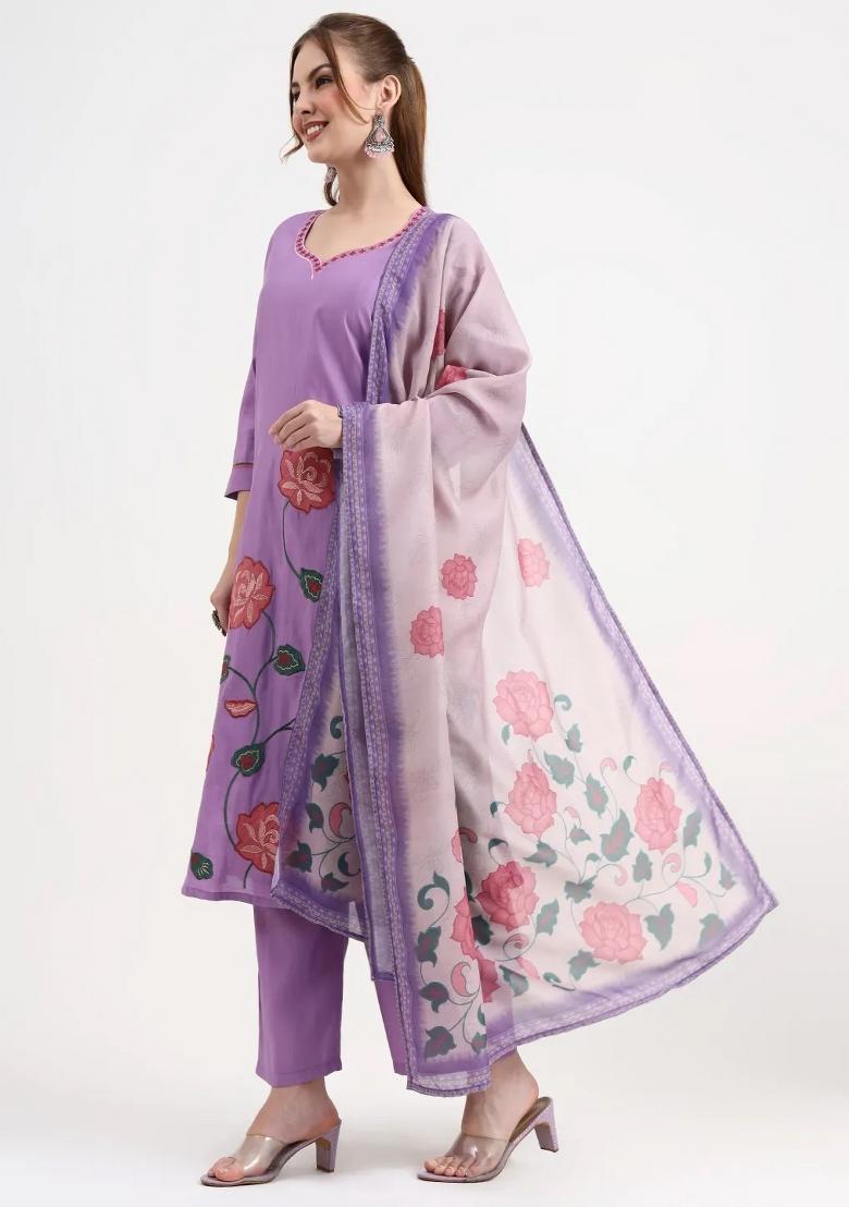 Lavender Motif Silk Blend Kurta Dupatta Set - Indya