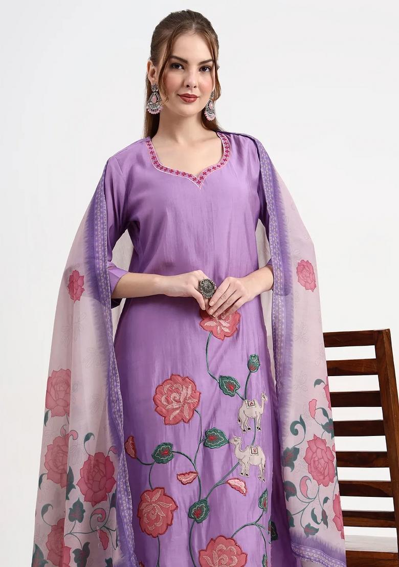 Lavender Motif Silk Blend Kurta Dupatta Set - Indya
