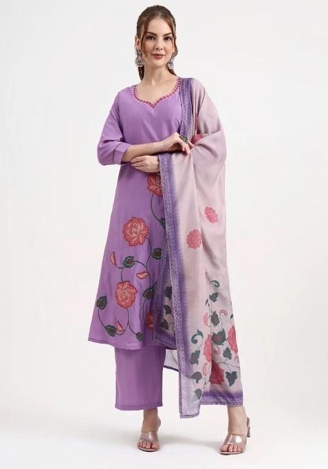 Lavender Motif Silk Blend Kurta Dupatta Set