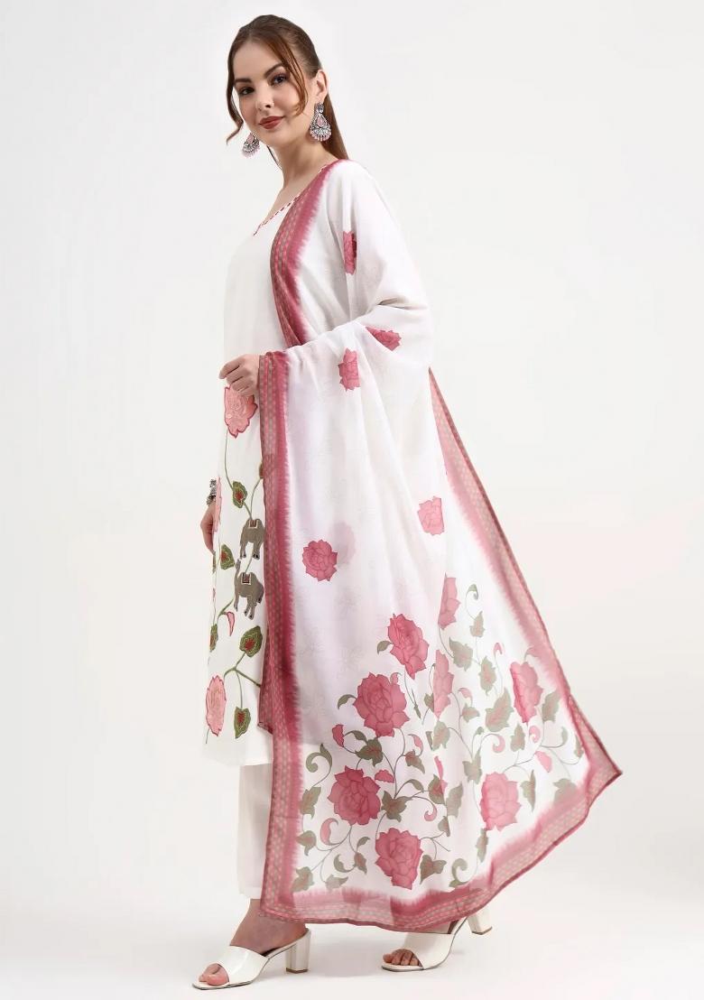 White Motif Silk Blend Kurta Dupatta Set - Indya