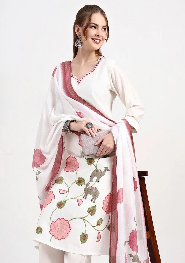 White Motif Silk Blend Kurta Dupatta Set - Indya