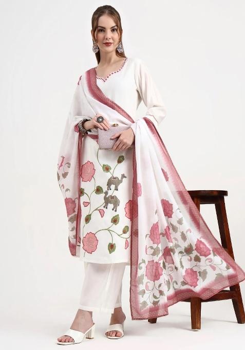 White Motif Silk Blend Kurta Dupatta Set