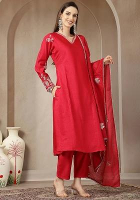 Pink Embroidered Silk Blend Kurta Dupatta Set