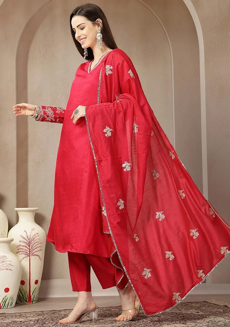 Pink Embroidered Silk Blend Kurta Dupatta Set - Indya