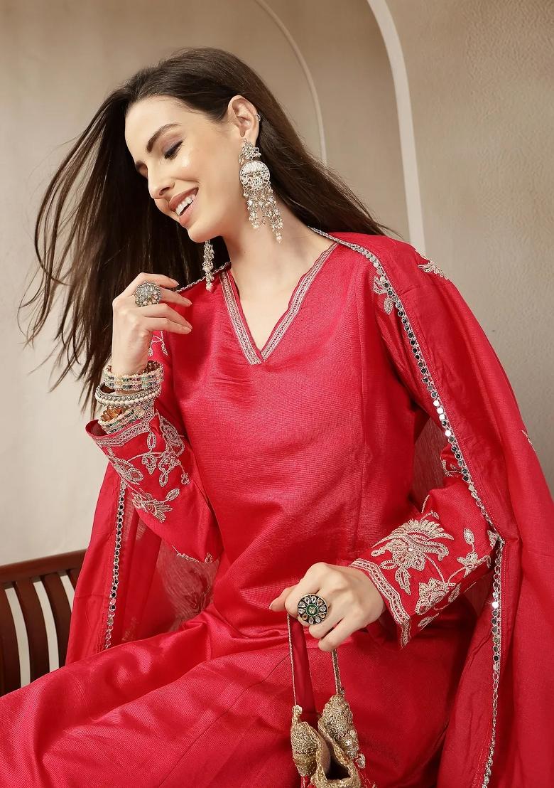 Pink Embroidered Silk Blend Kurta Dupatta Set - Indya