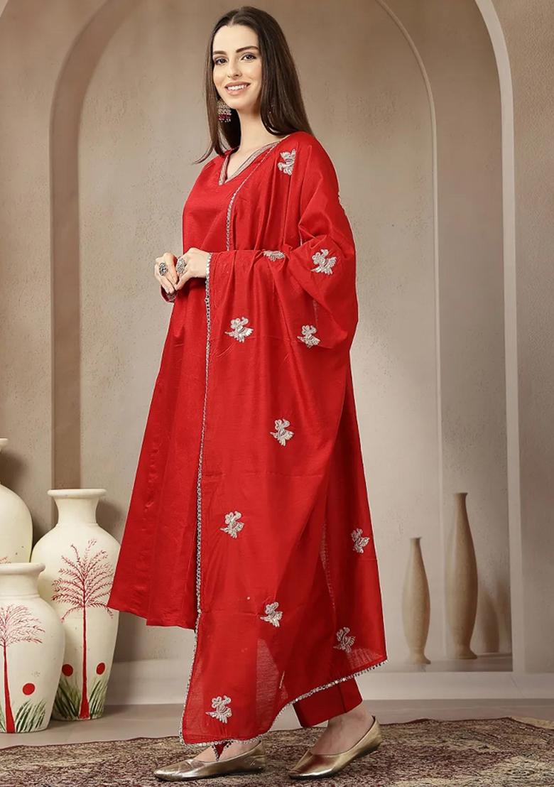 Red Embroidered Silk Blend Kurta Dupatta Set - Indya