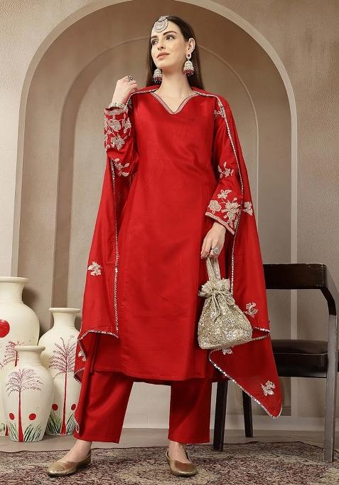 Red Embroidered Silk Blend Kurta Dupatta Set